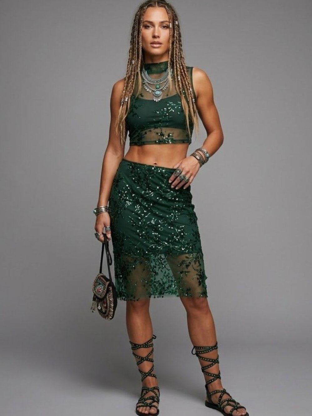 Reformation Green Midi Skirt Size 10 Whimsy Glam Embroidered Sequin Elegant
